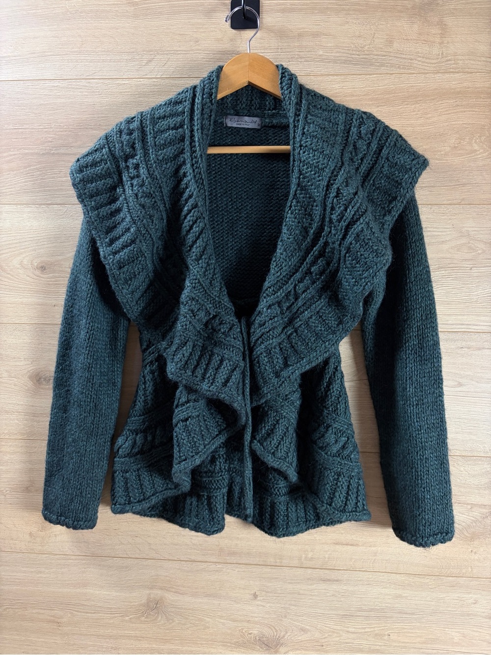 Elsamanda Alpaca Wool Blend Ruffle Tie-Front Teal Cardigan Sweater Medium
